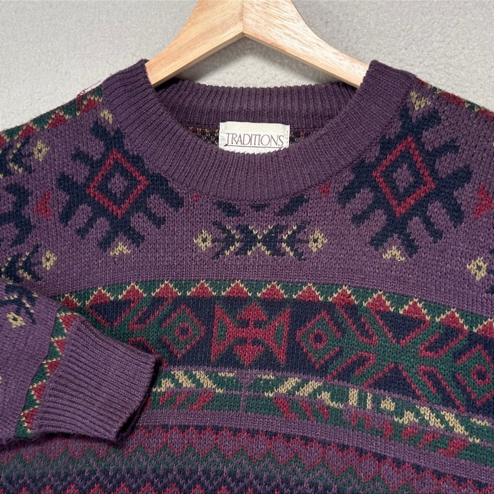 Vintage 90s Traditions Crewneck Sweater Mens Large Purple Aztec Print Knit
